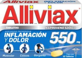 Aliviax 550 mg (naproxeno sódico) caja con 10 tabletas
